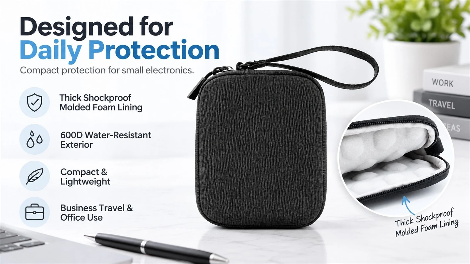 Small Shockproof Pouch with thick molded foam lining, water-resistant exterior and compact lightweight design Small Shockproof Pouch with thick molded foam lining, water-resistant exterior and compact lightweight design